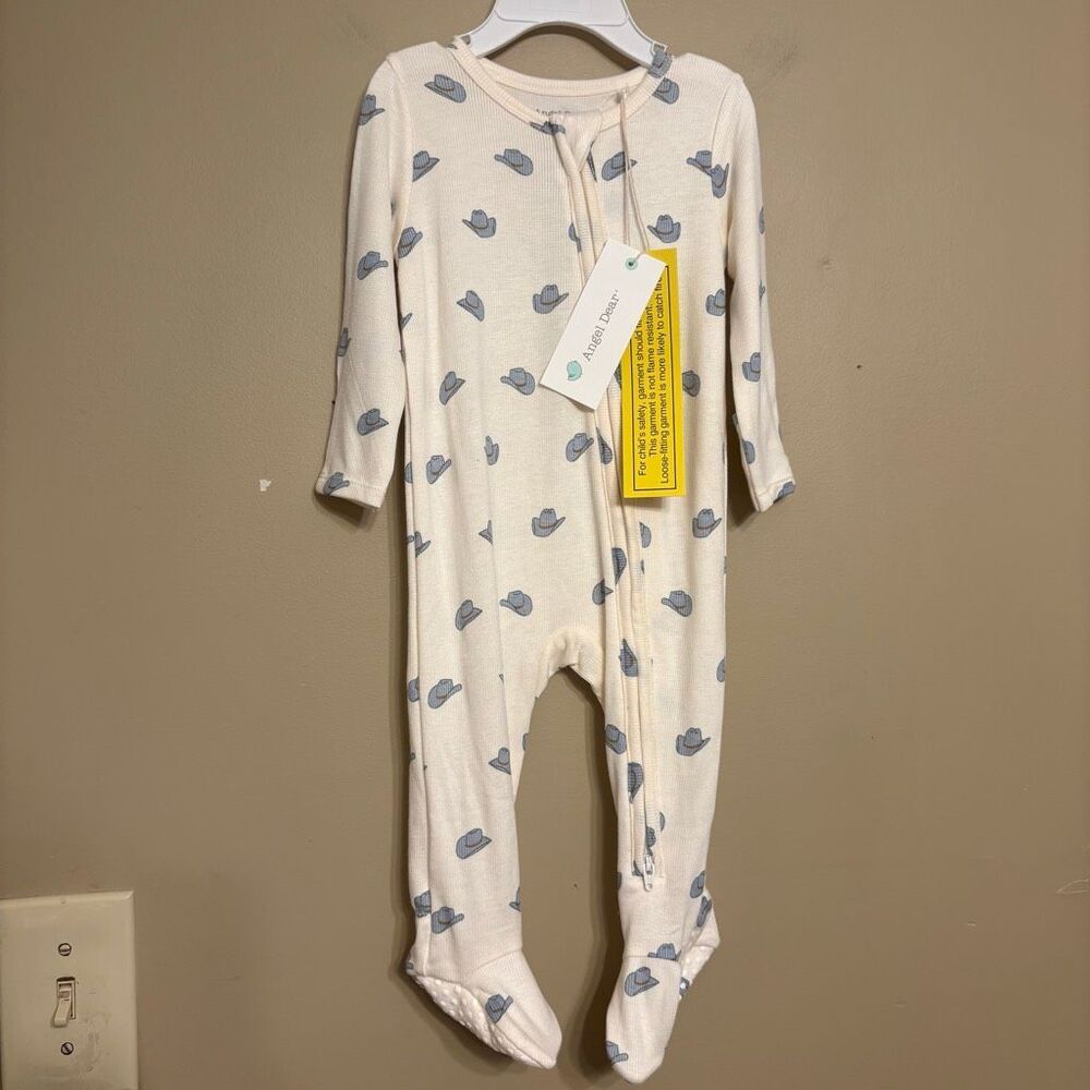 Angel Dear Baby Blue Cowboy Hat Print Rib Footie PJs Fold over Cuff 6-9M NWT